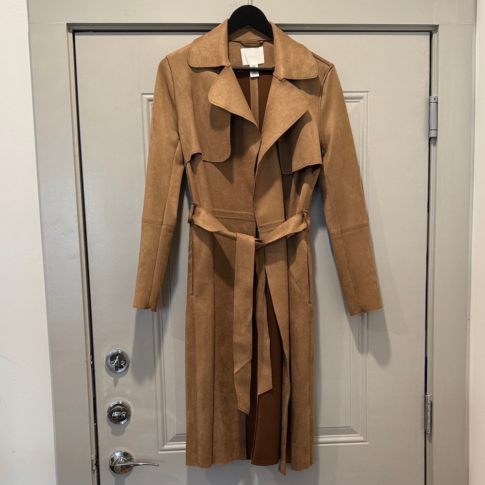 Camel Faux Suede Long Belted Trench Coat